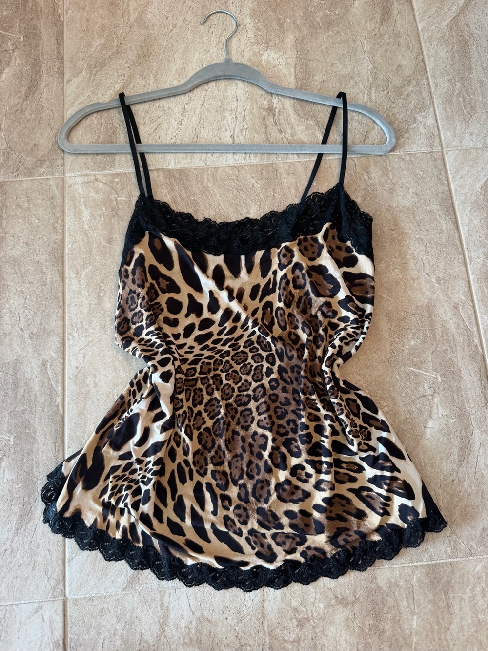 Natori Leopard Satin Cami with Black Lace Trim